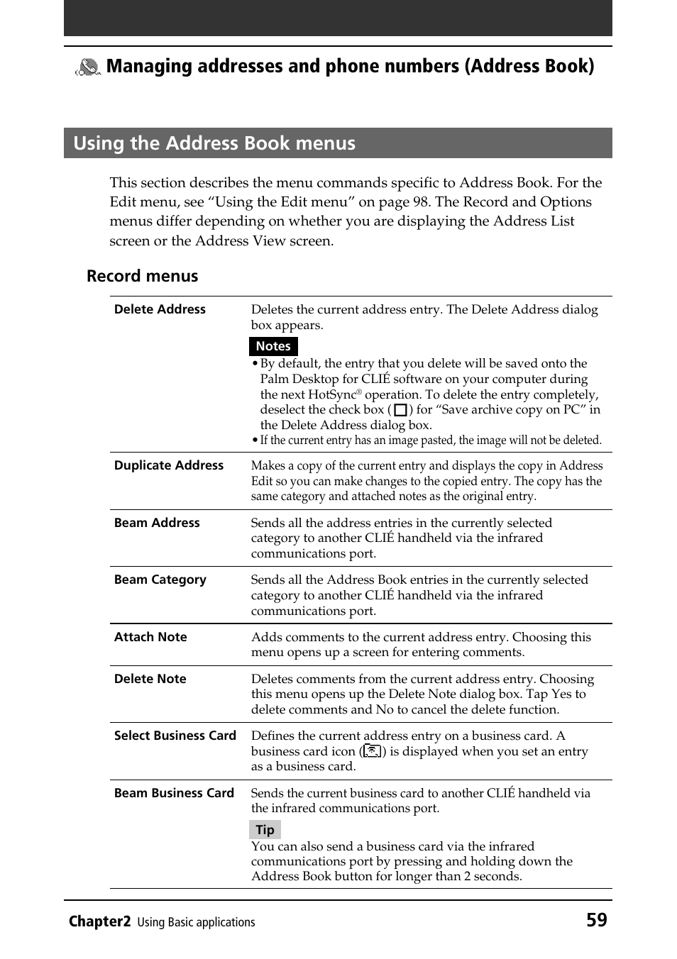 Using the address book menus, Record menus | Sony PEG-T415 User Manual | Page 59 / 223