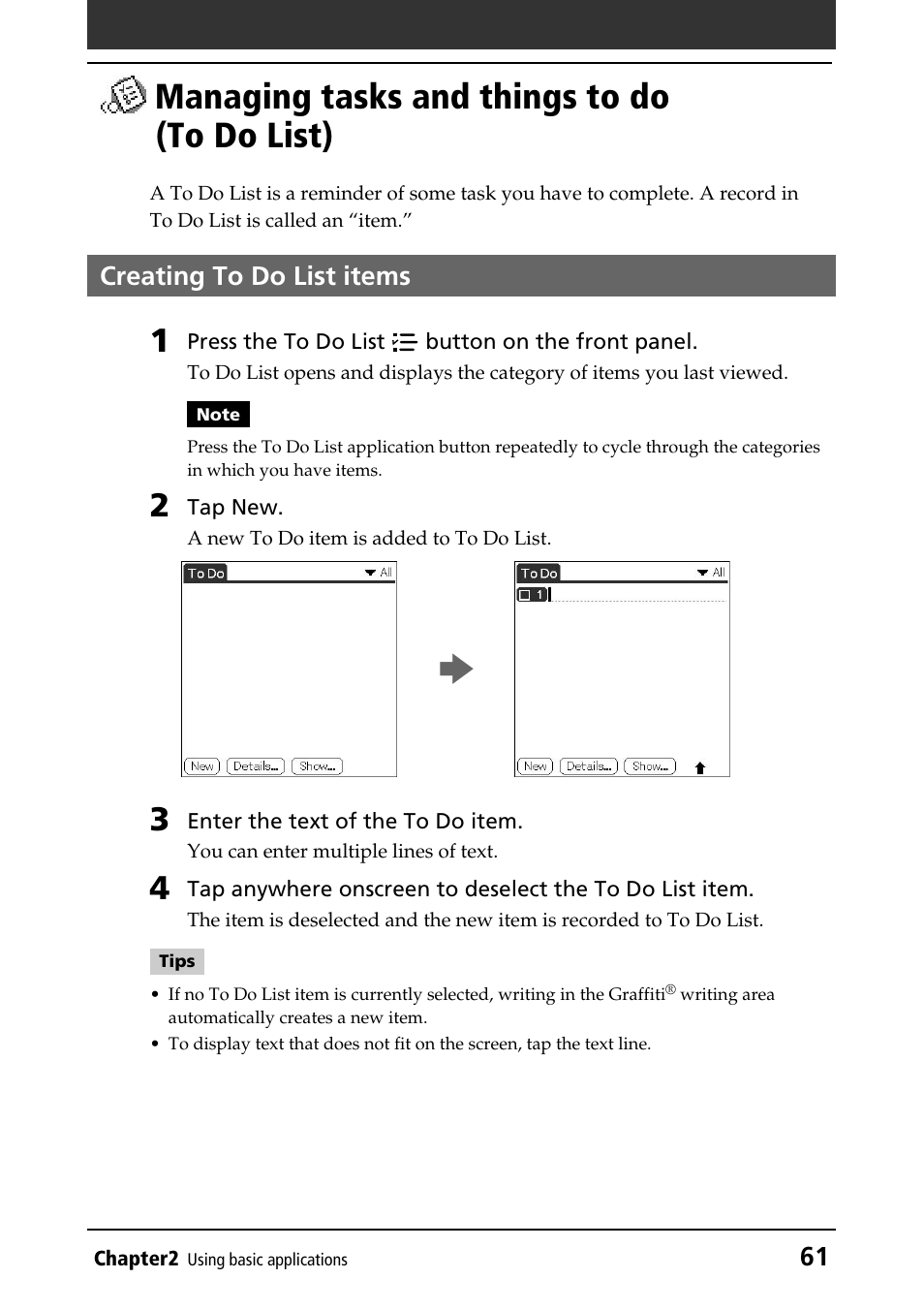 Managing tasks and things to do (to do list), Creating to do list items, Managing tasks and things to do | To do list) | Sony PEG-T415 User Manual | Page 61 / 223