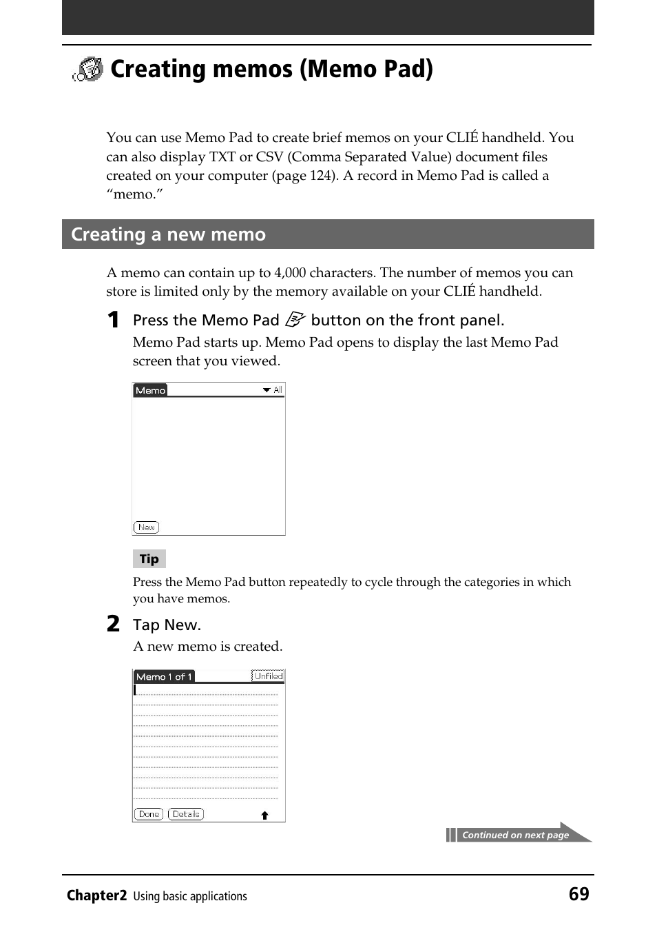 Creating memos (memo pad), Creating a new memo | Sony PEG-T415 User Manual | Page 69 / 223