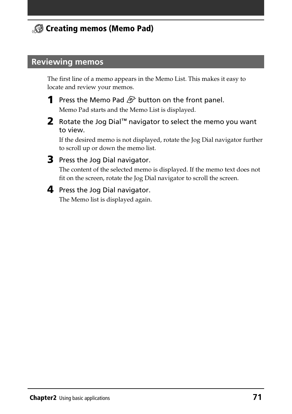 Reviewing memos | Sony PEG-T415 User Manual | Page 71 / 223