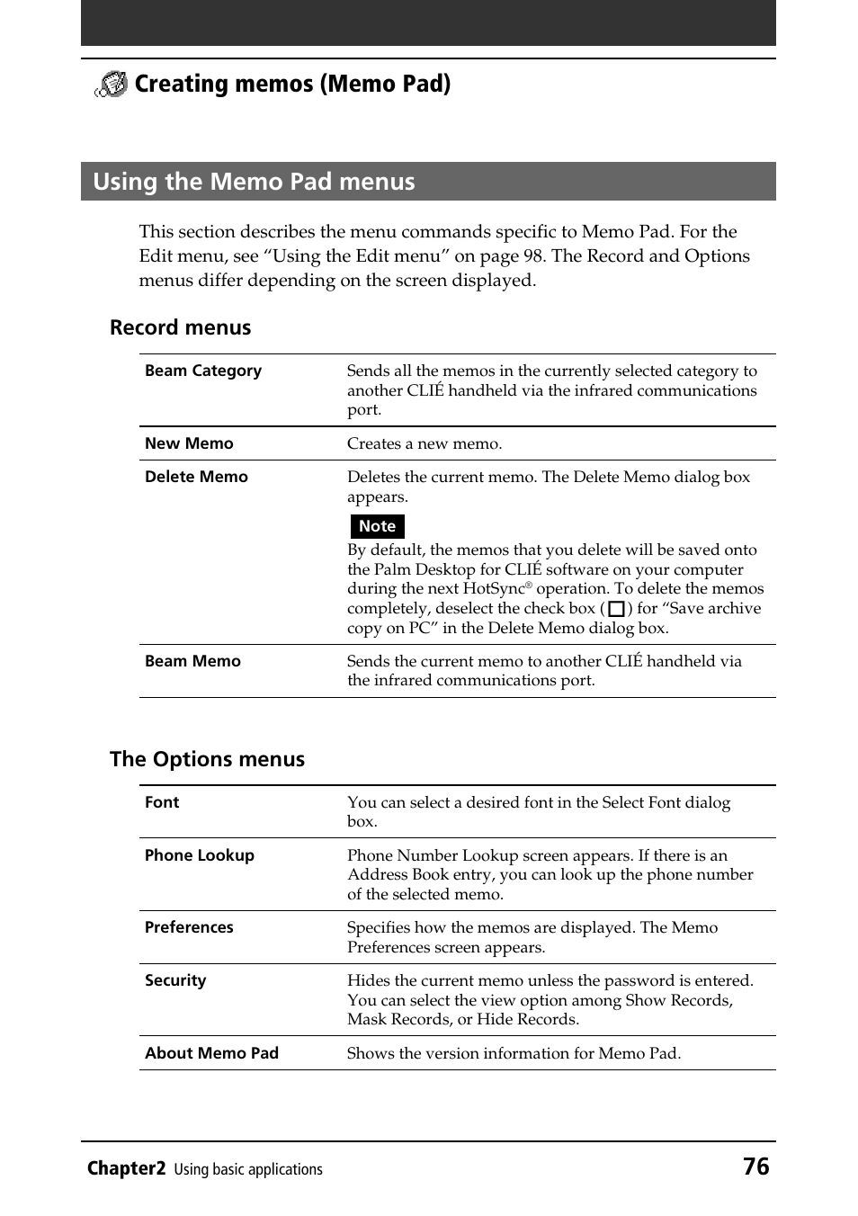 Using the memo pad menus, Record menus, The options menus | Sony PEG-T415 User Manual | Page 76 / 223