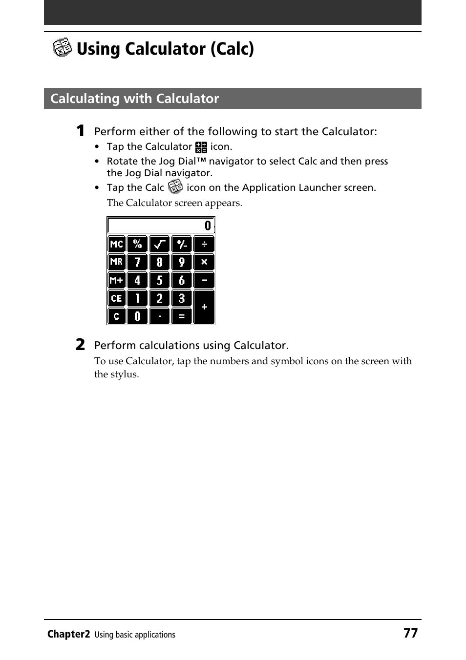 Using calculator (calc), Calculating with calculator | Sony PEG-T415 User Manual | Page 77 / 223