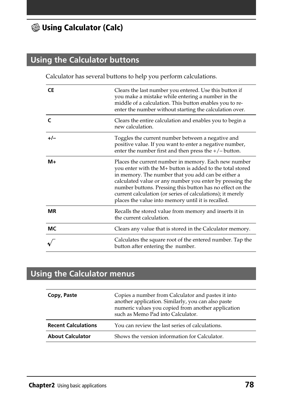 Using the calculator buttons, Using the calculator menus | Sony PEG-T415 User Manual | Page 78 / 223