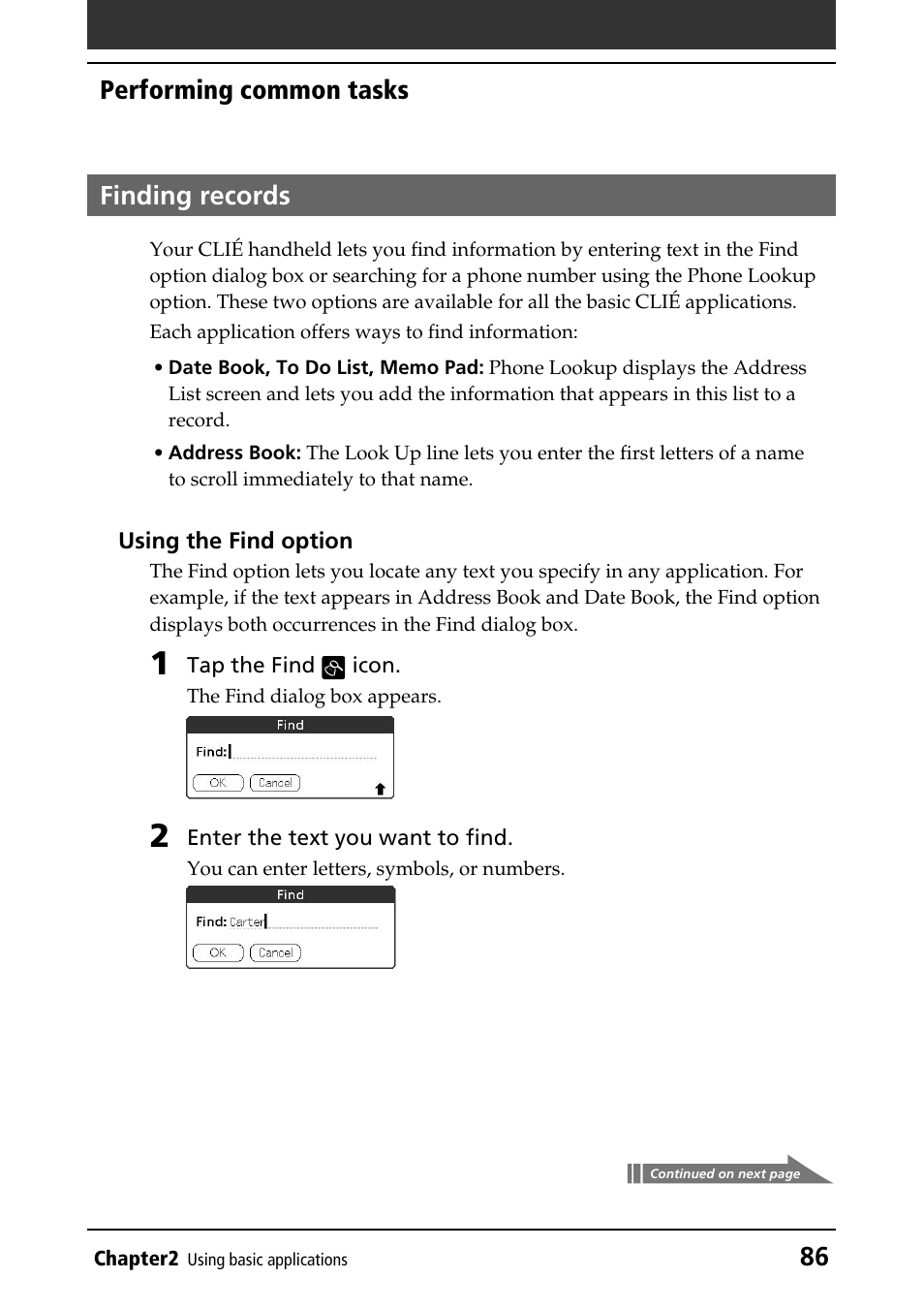 Finding records, 86 performing common tasks finding records | Sony PEG-T415 User Manual | Page 86 / 223