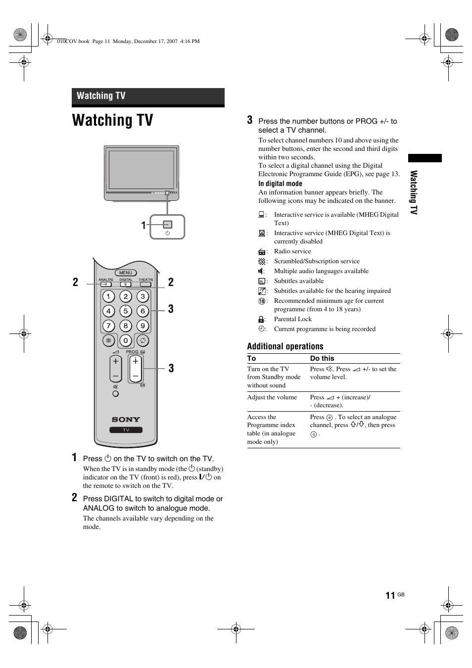 Watching tv | Sony Bravia KDL-26B40xx User Manual | Page 11 / 33