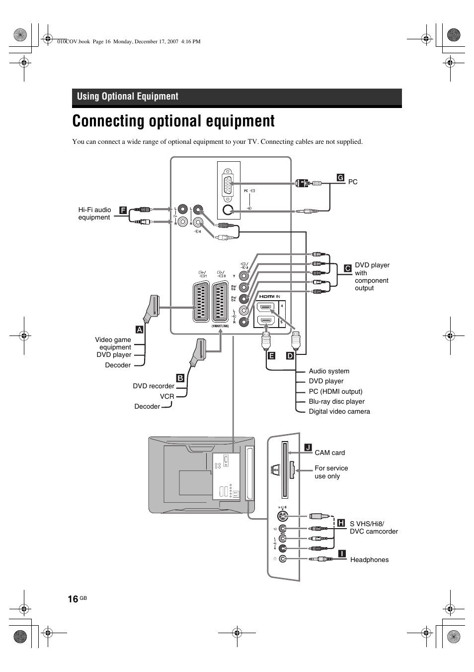 Connecting optional equipment, Using optional equipment | Sony Bravia KDL-26B40xx User Manual | Page 16 / 33