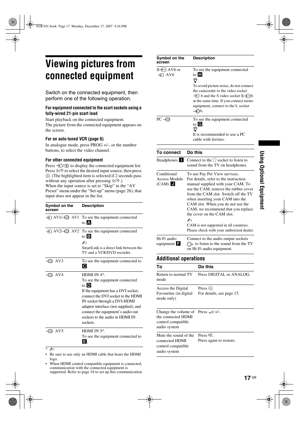 Viewing pictures from connected equipment | Sony Bravia KDL-26B40xx User Manual | Page 17 / 33