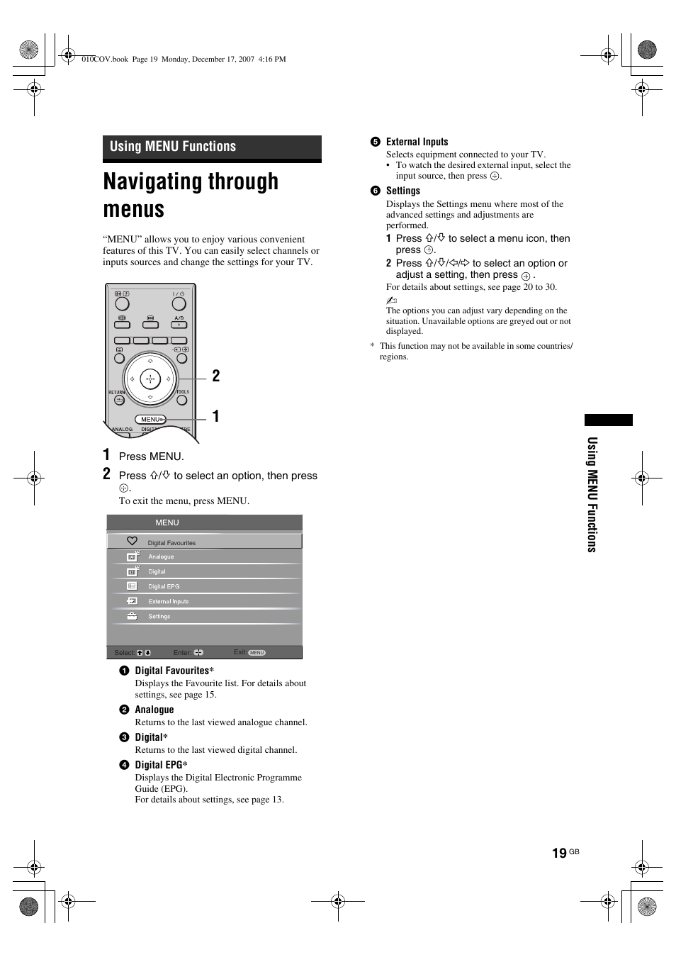 Navigating through menus, Using menu functions | Sony Bravia KDL-26B40xx User Manual | Page 19 / 33