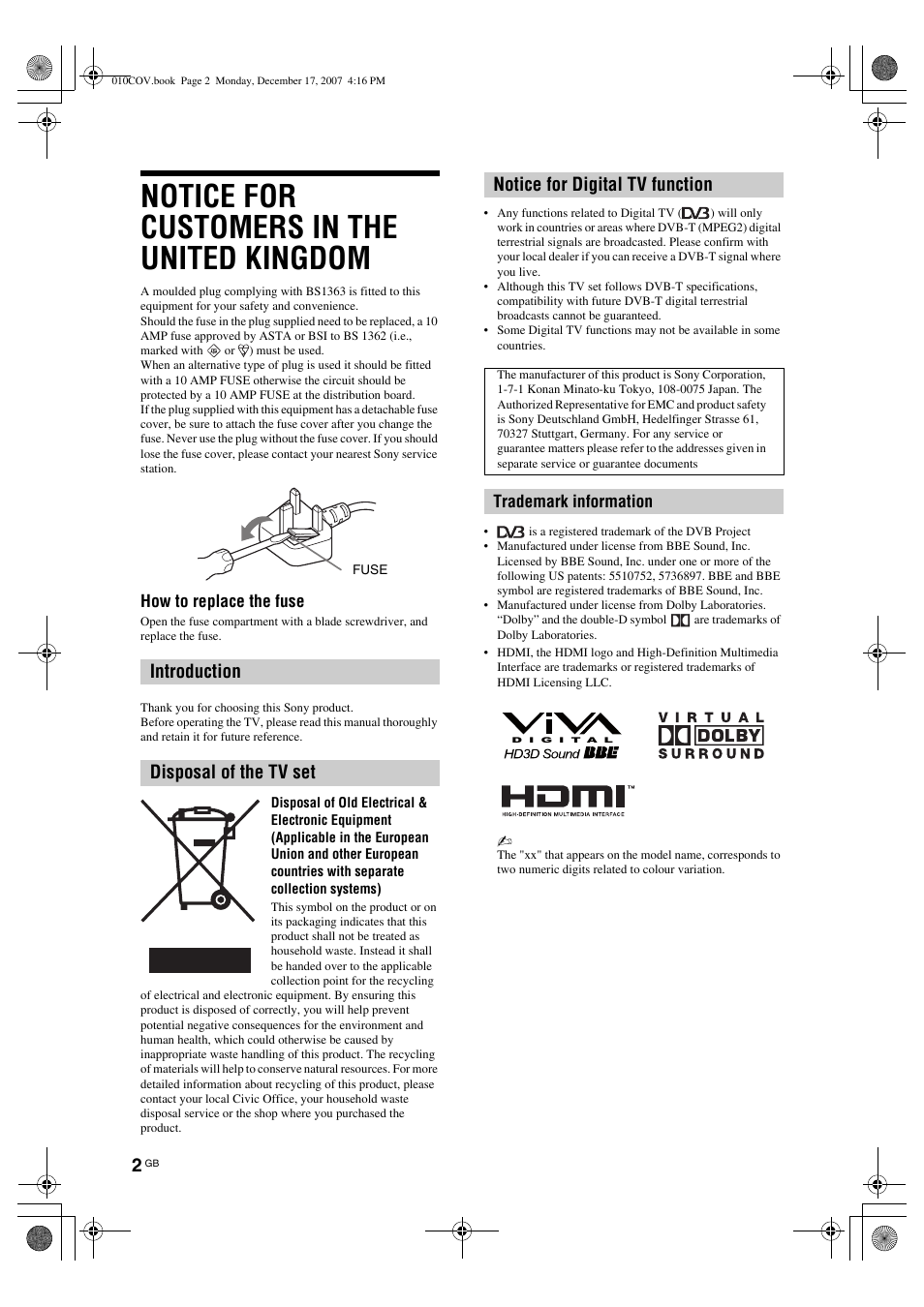 Notice for customers in the united kingdom, Introduction disposal of the tv set, Notice for digital tv function | Sony Bravia KDL-26B40xx User Manual | Page 2 / 33