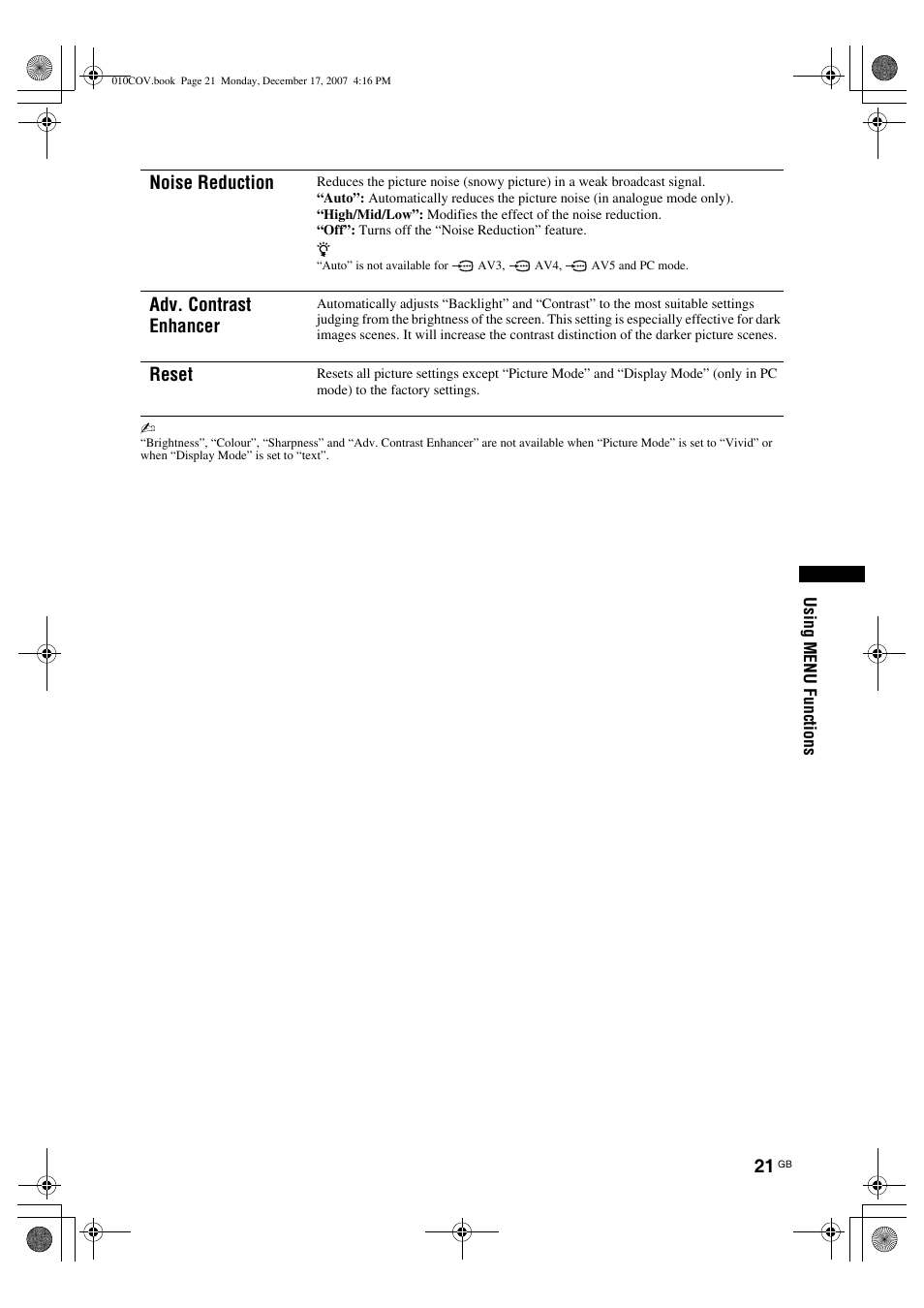 Noise reduction, Adv. contrast enhancer, Reset | Sony Bravia KDL-26B40xx User Manual | Page 21 / 33