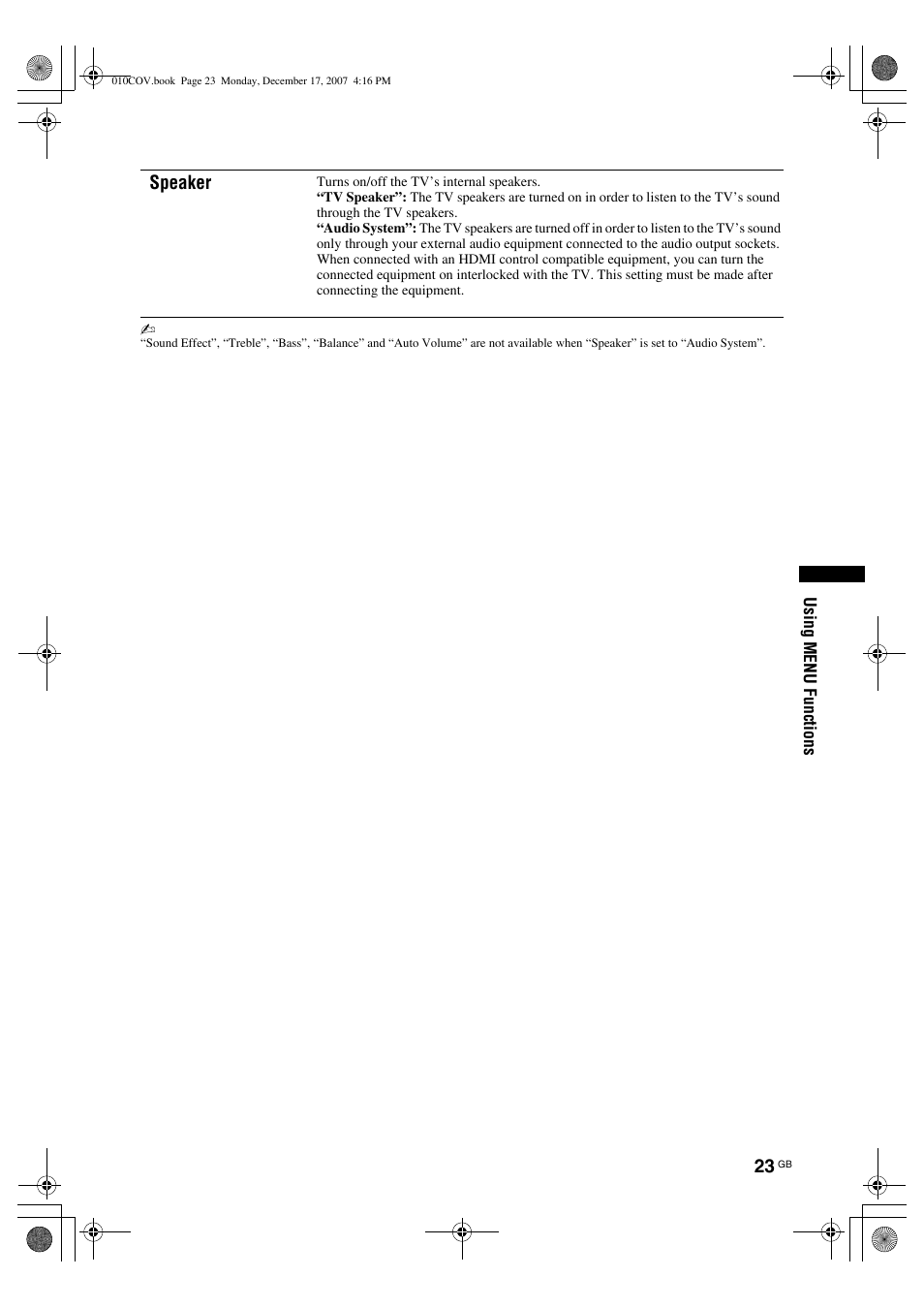 Speaker | Sony Bravia KDL-26B40xx User Manual | Page 23 / 33