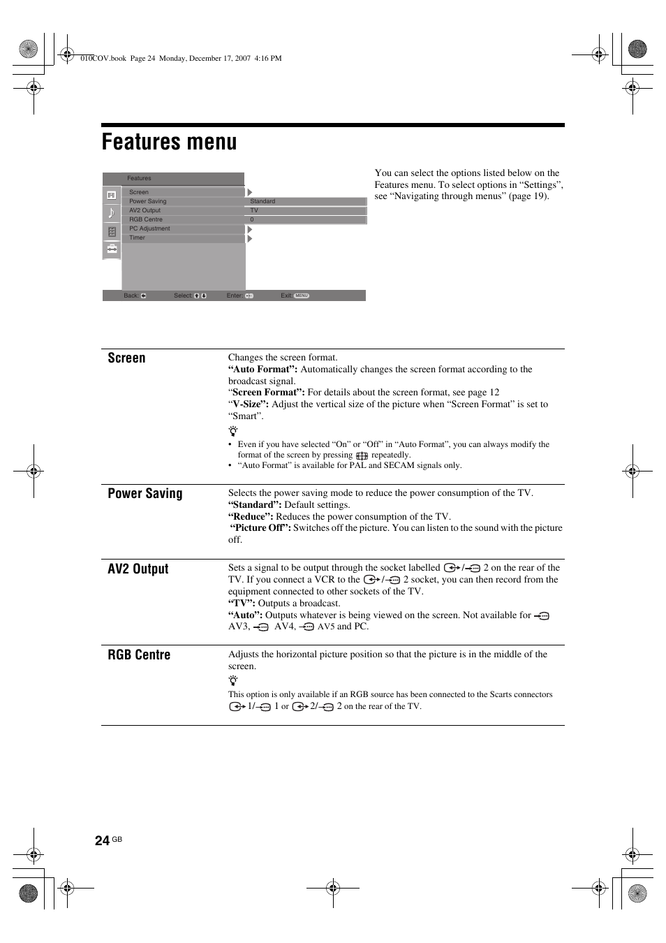 Features menu, Screen, Power saving | Av2 output, Rgb centre | Sony Bravia KDL-26B40xx User Manual | Page 24 / 33
