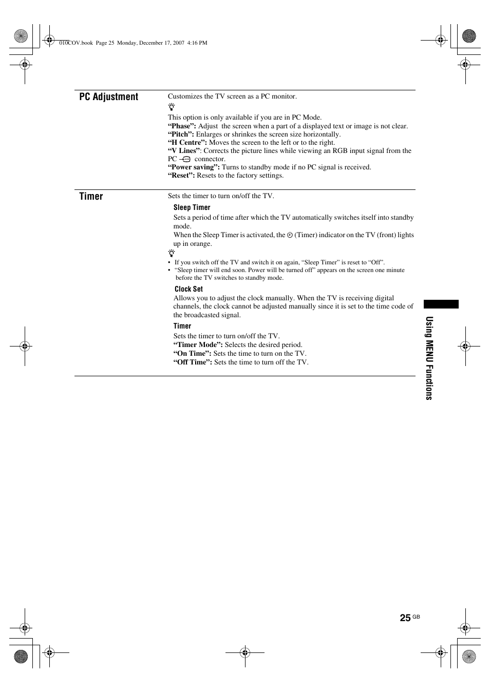 Pc adjustment, Timer | Sony Bravia KDL-26B40xx User Manual | Page 25 / 33