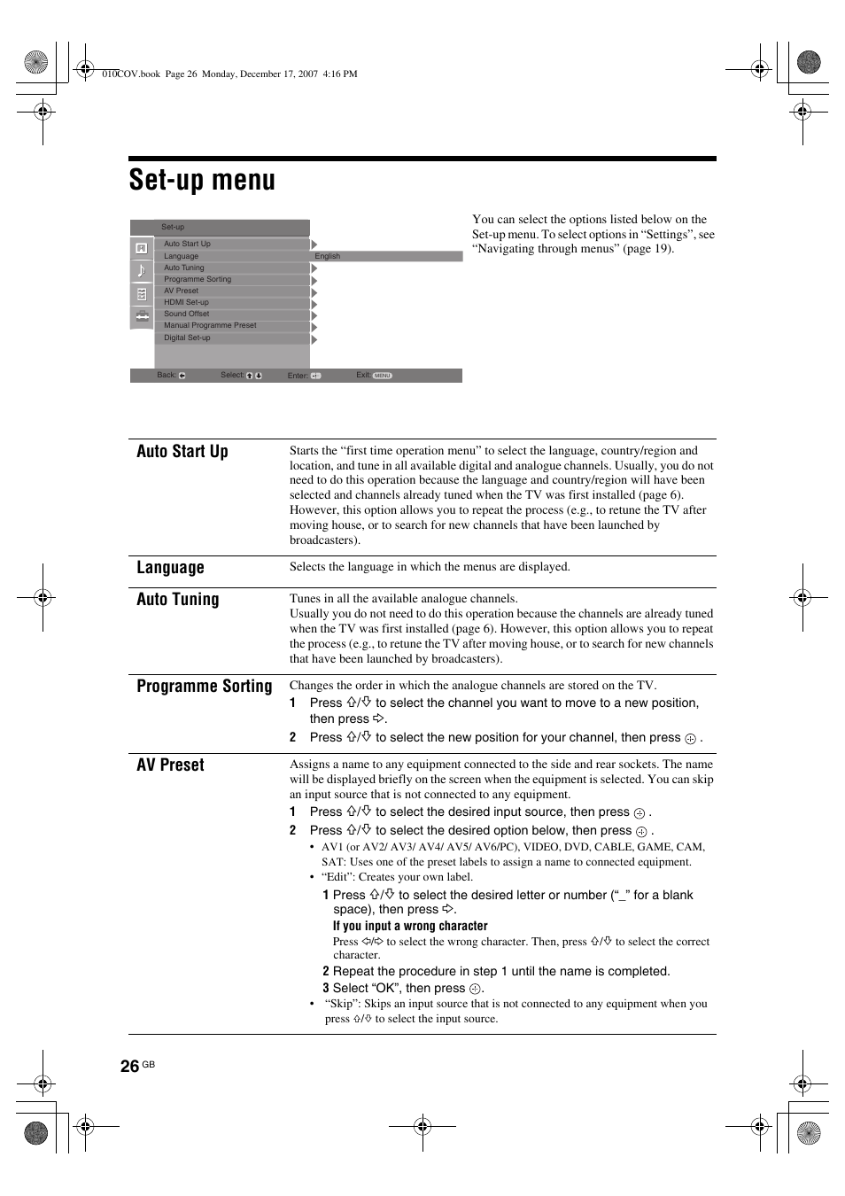 Set-up menu, Auto start up, Language | Auto tuning, Programme sorting, Av preset | Sony Bravia KDL-26B40xx User Manual | Page 26 / 33