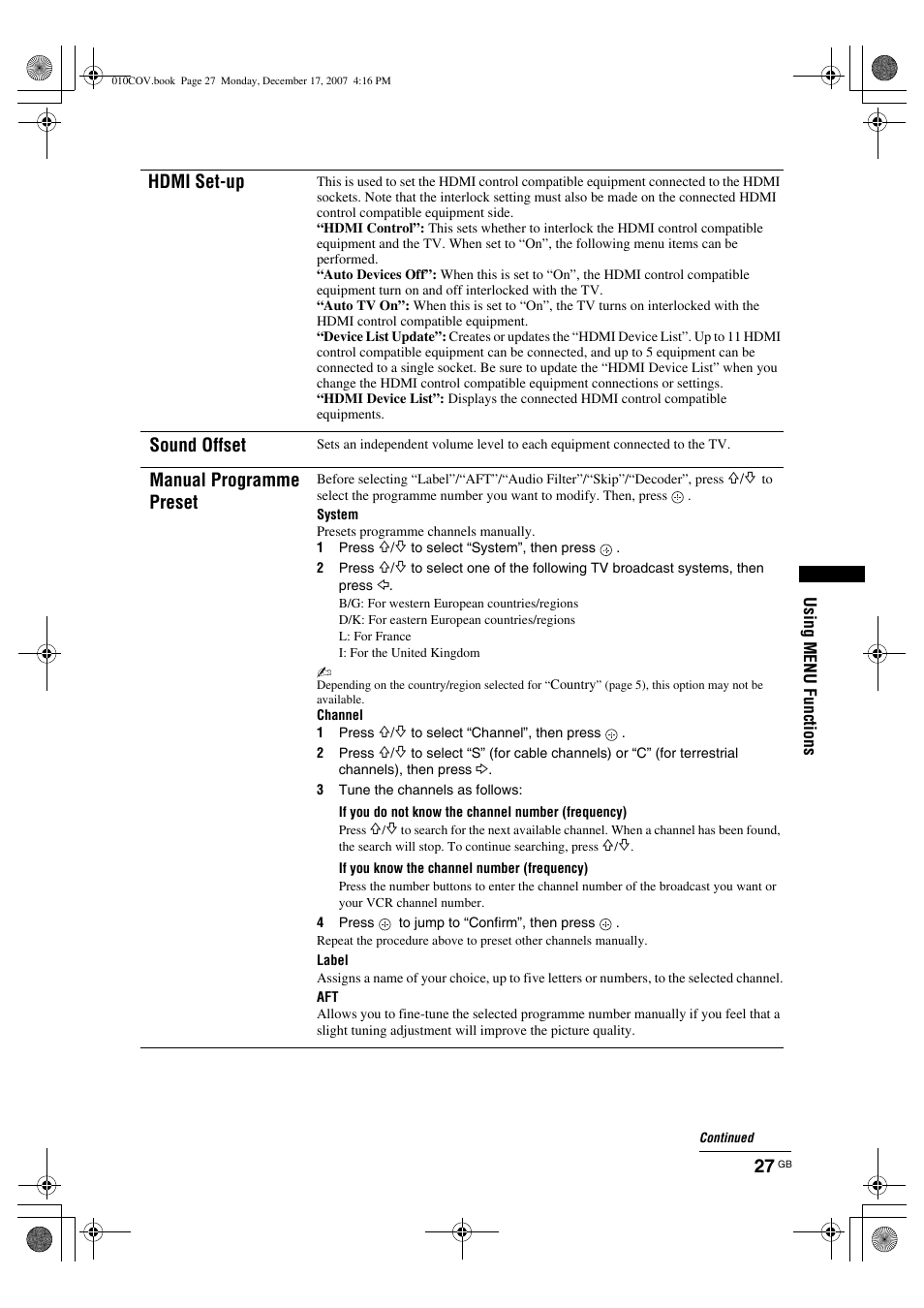 Hdmi set-up, Sound offset, Manual programme preset | Sony Bravia KDL-26B40xx User Manual | Page 27 / 33