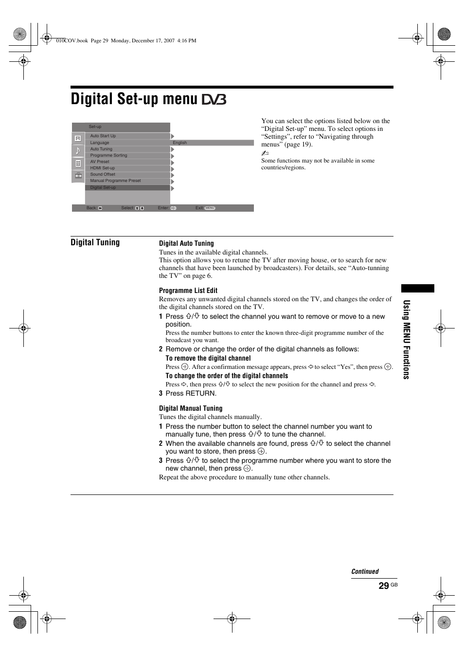 Digital set-up menu, Using menu functions, Digital tuning | Sony Bravia KDL-26B40xx User Manual | Page 29 / 33