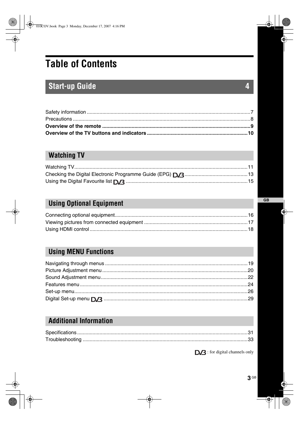 Sony Bravia KDL-26B40xx User Manual | Page 3 / 33