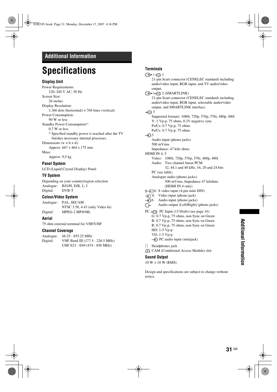 Specifications, Additional information | Sony Bravia KDL-26B40xx User Manual | Page 31 / 33