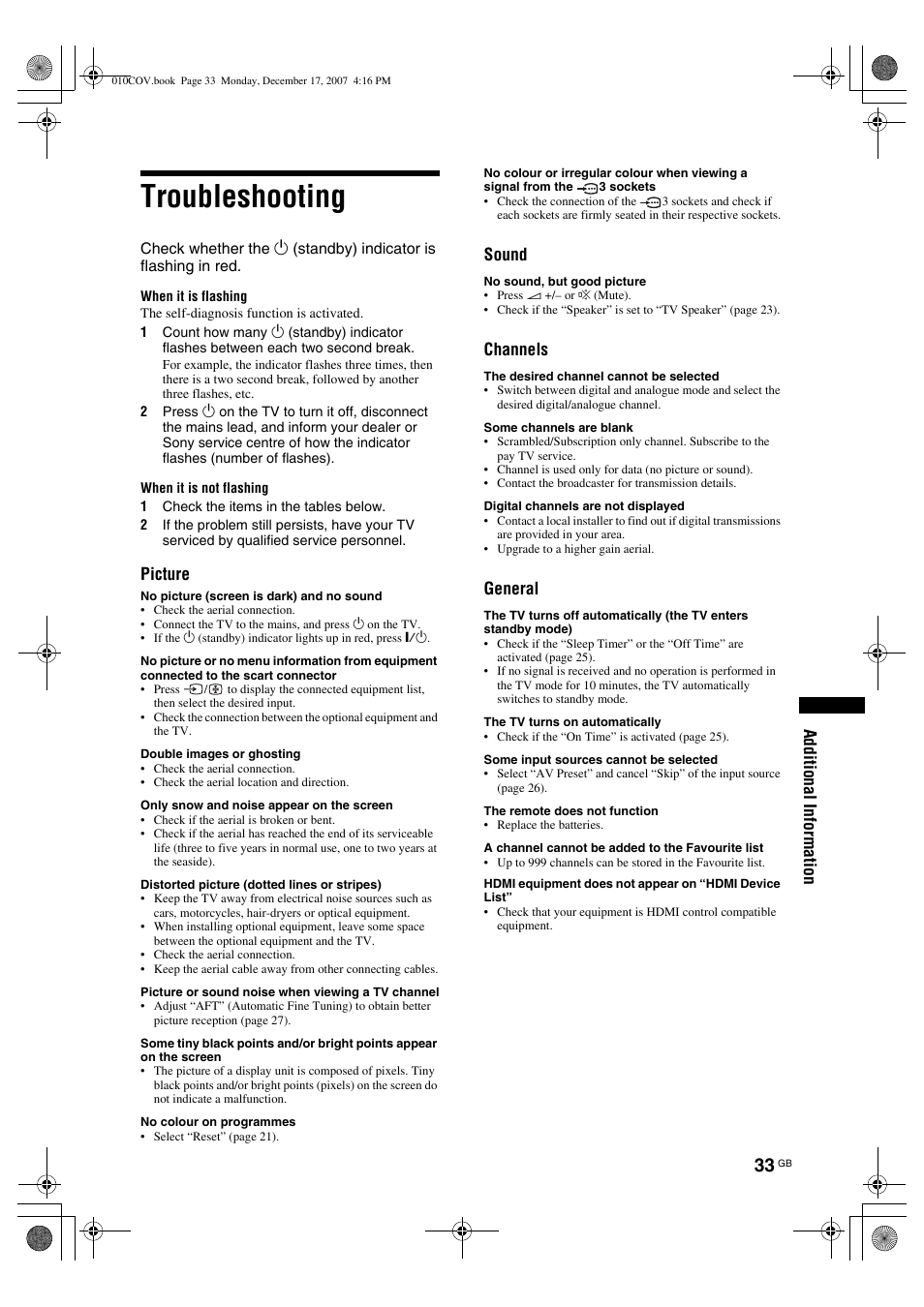 Troubleshooting, Additional information, Picture | Sound, Channels, General | Sony Bravia KDL-26B40xx User Manual | Page 33 / 33