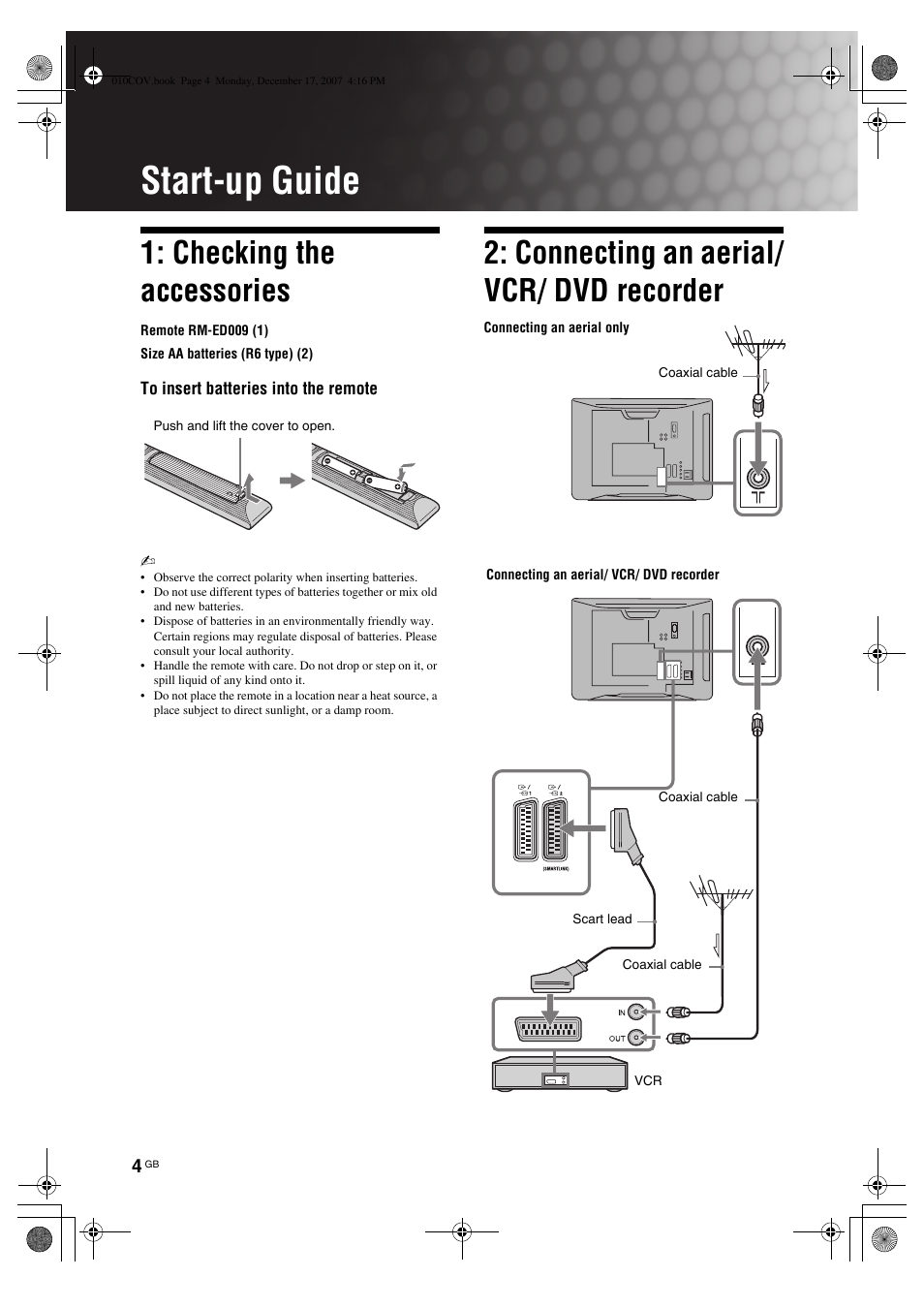 Start-up guide, Checking the accessories, Connecting an aerial/ vcr/ dvd recorder | Sony Bravia KDL-26B40xx User Manual | Page 4 / 33