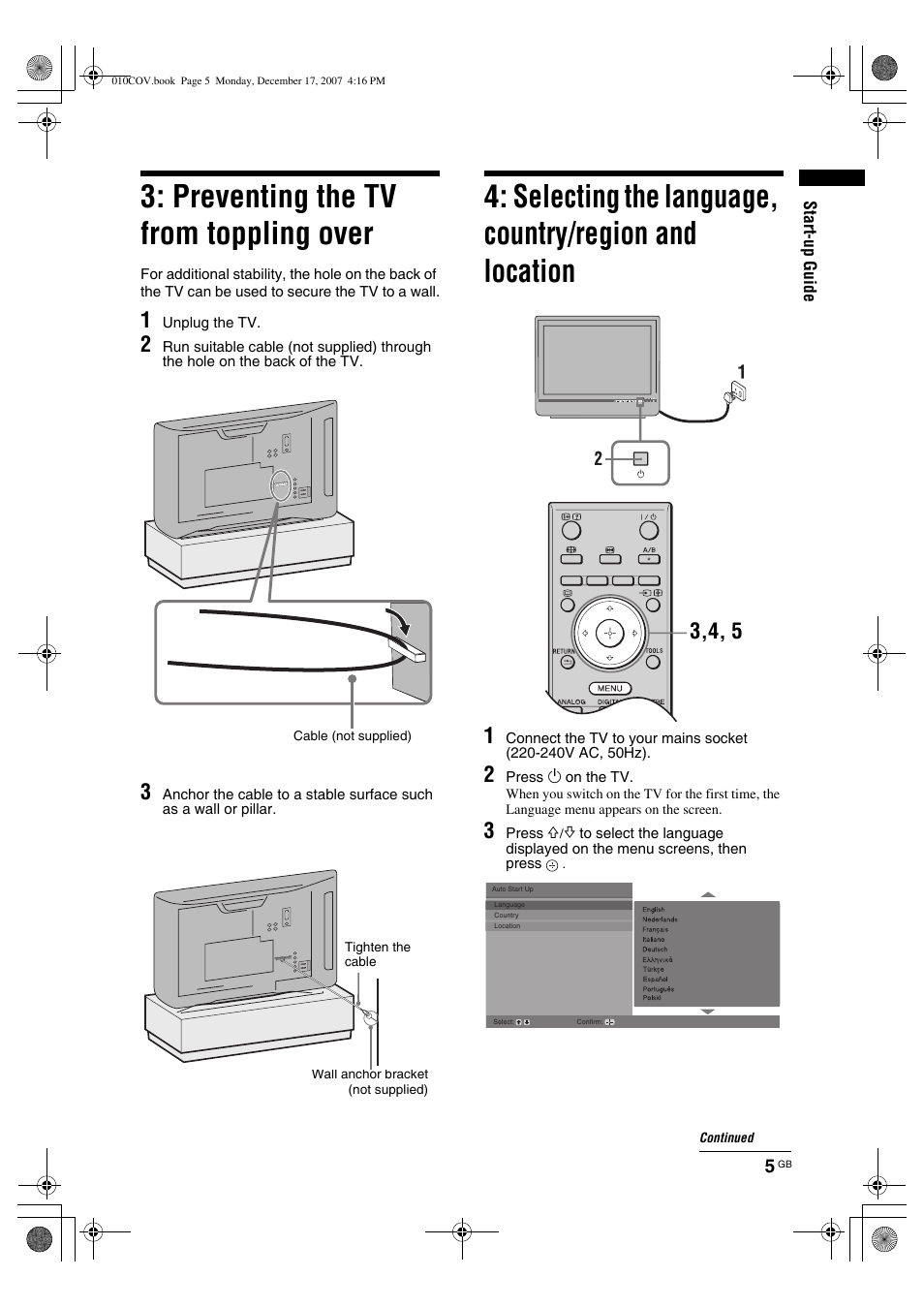 Preventing the tv from toppling over | Sony Bravia KDL-26B40xx User Manual | Page 5 / 33