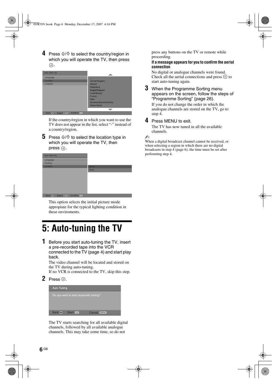 Auto-tuning the tv | Sony Bravia KDL-26B40xx User Manual | Page 6 / 33