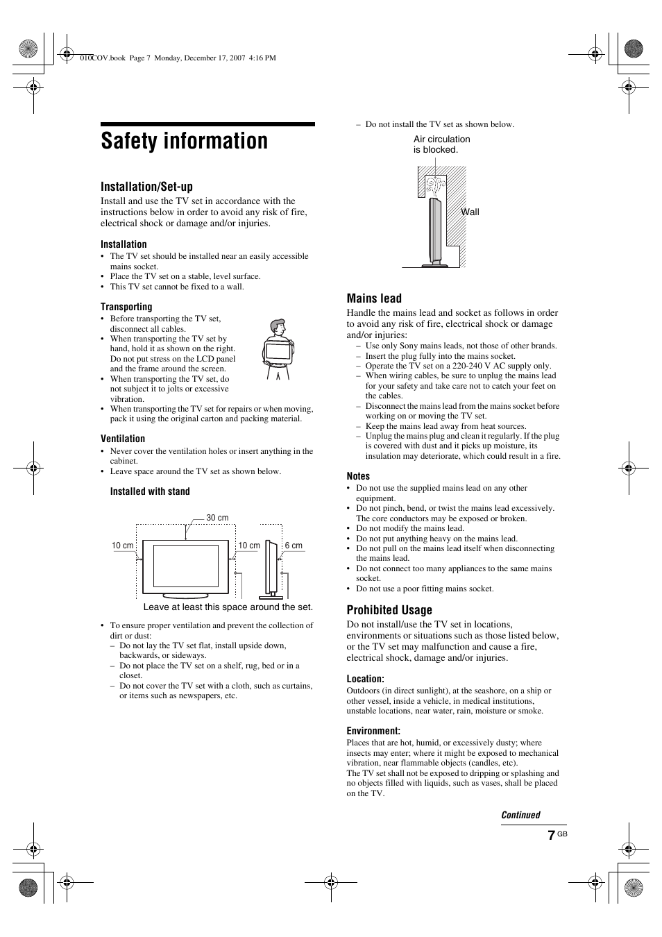 Safety information, Installation/set-up, Mains lead | Prohibited usage | Sony Bravia KDL-26B40xx User Manual | Page 7 / 33