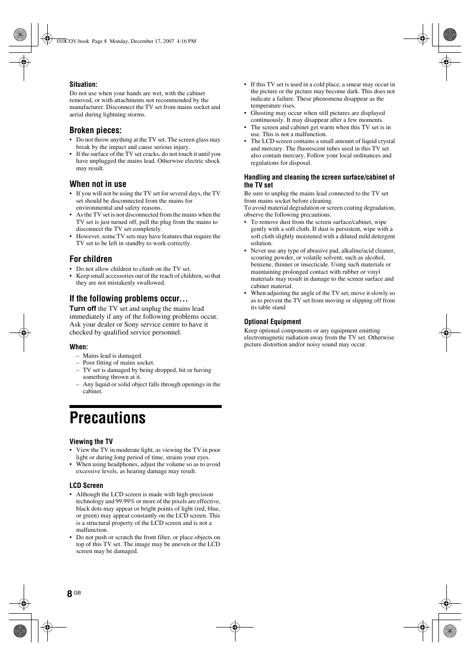 Precautions, Broken pieces, When not in use | For children, If the following problems occur | Sony Bravia KDL-26B40xx User Manual | Page 8 / 33