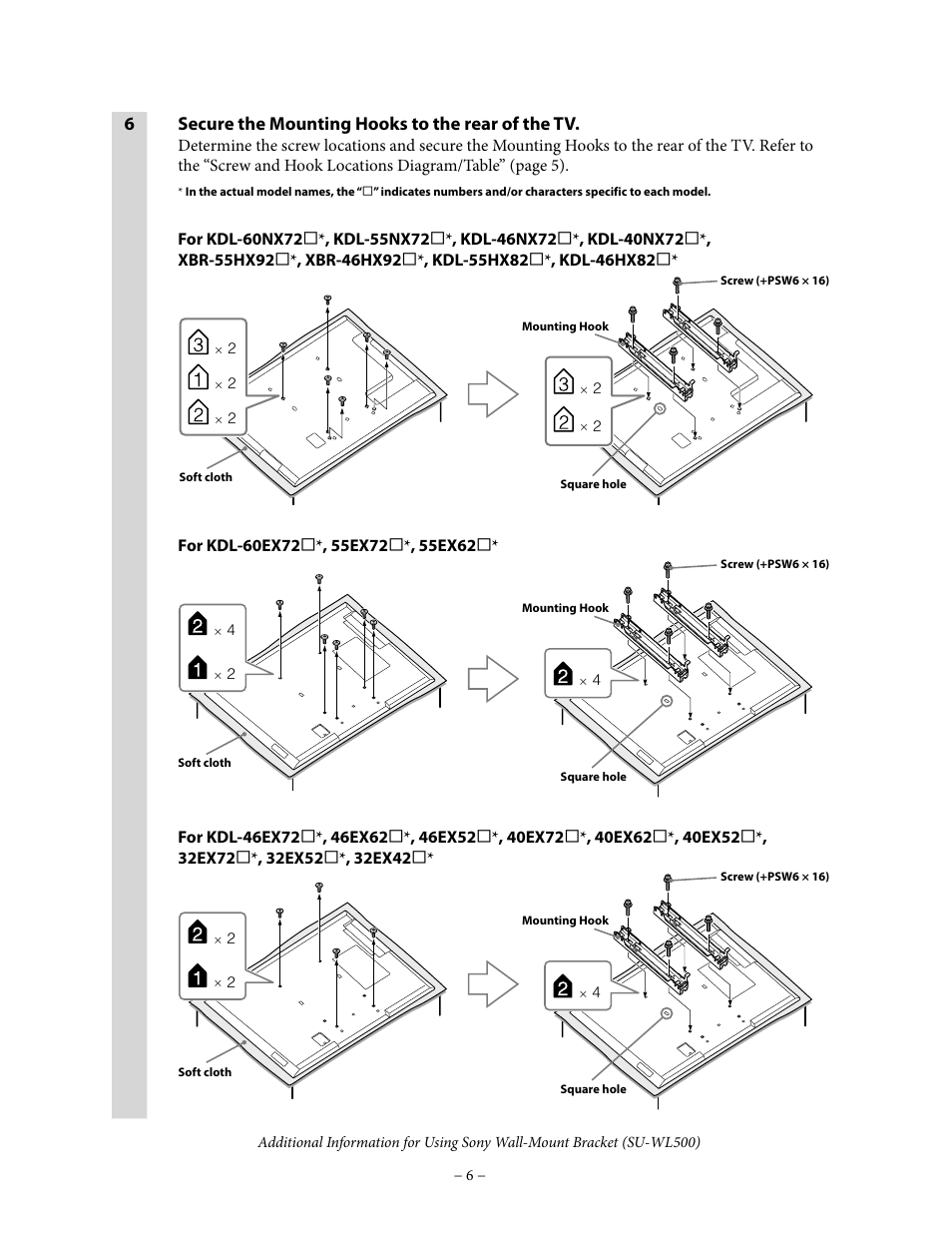 6secure the mounting hooks to the rear of the tv | Sony SU-WL500 User Manual | Page 6 / 7