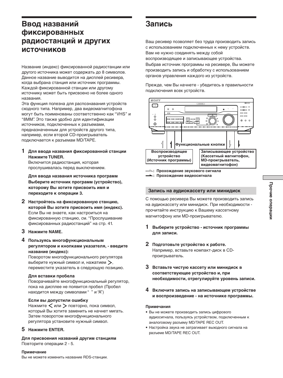 Запись, Запись на аудиокассету или минидиск, Прочие операции | Нажмите name, Примечания, Примечание | Sony STR-SE501 User Manual | Page 101 / 170