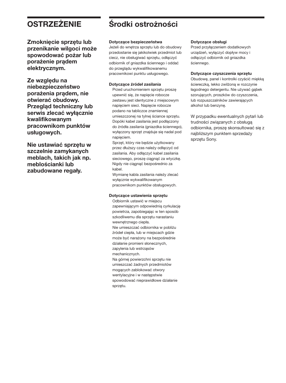 Ostrzeżenie, Środki ostrożności | Sony STR-SE501 User Manual | Page 114 / 170