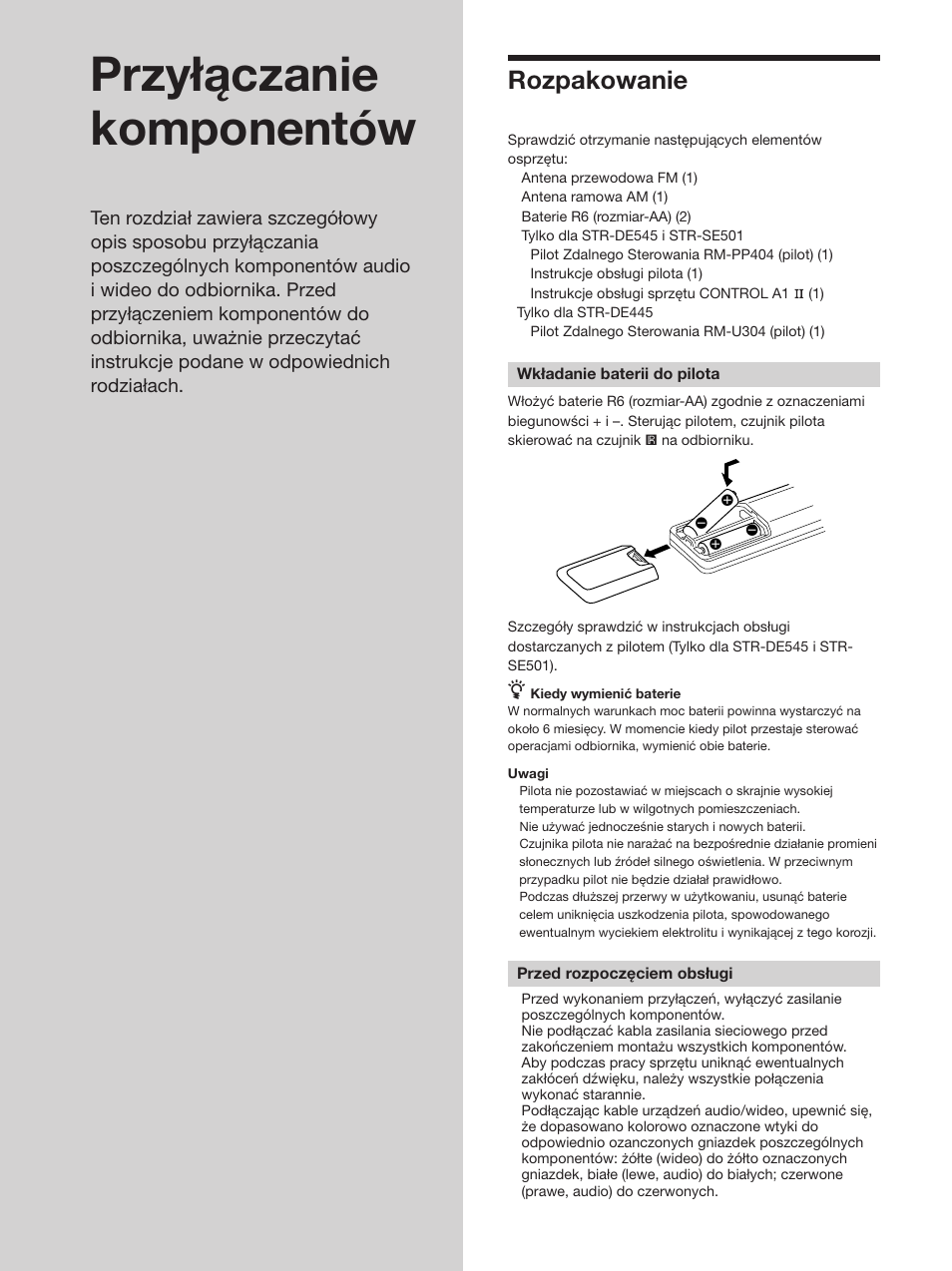 Przyłączanie komponentów, Rozpakowanie | Sony STR-SE501 User Manual | Page 116 / 170