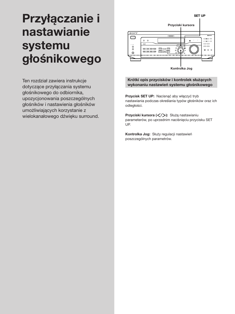 Przyłączanie i nastawianie systemu głośnikowego, Set up, Przyciski kursora kontrolka jog | Sony STR-SE501 User Manual | Page 124 / 170