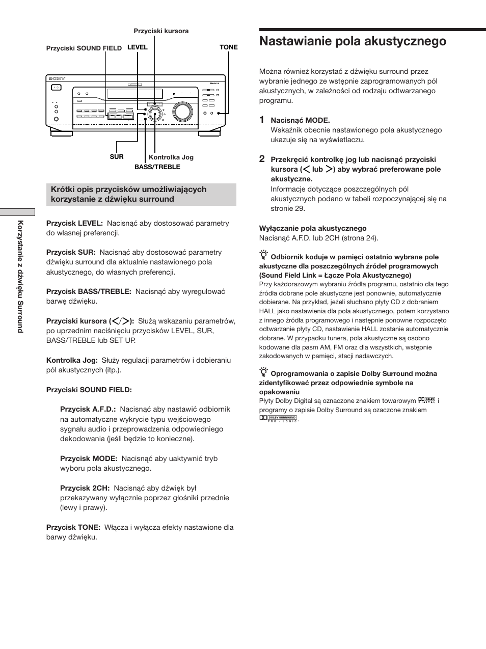 Nastawianie pola akustycznego, Korzystanie z dźwięku surr ound, Sur bass/treble level tone | Sony STR-SE501 User Manual | Page 140 / 170