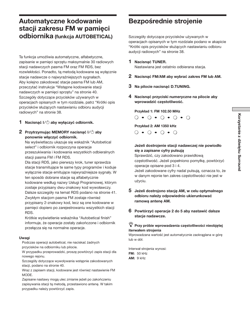 Bezpośrednie strojenie, Funkcja autobetical) | Sony STR-SE501 User Manual | Page 151 / 170
