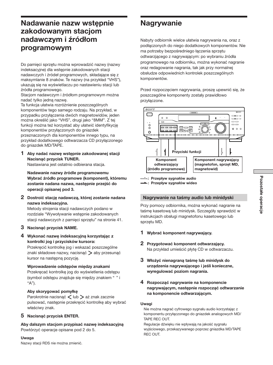 Nagrywanie, Nagrywanie na taśmy audio lub minidyski, Pozostałe operacje | Wybrać komponent nagrywający, Nacisnąć przycisk name, Uwagi, Uwaga | Sony STR-SE501 User Manual | Page 157 / 170