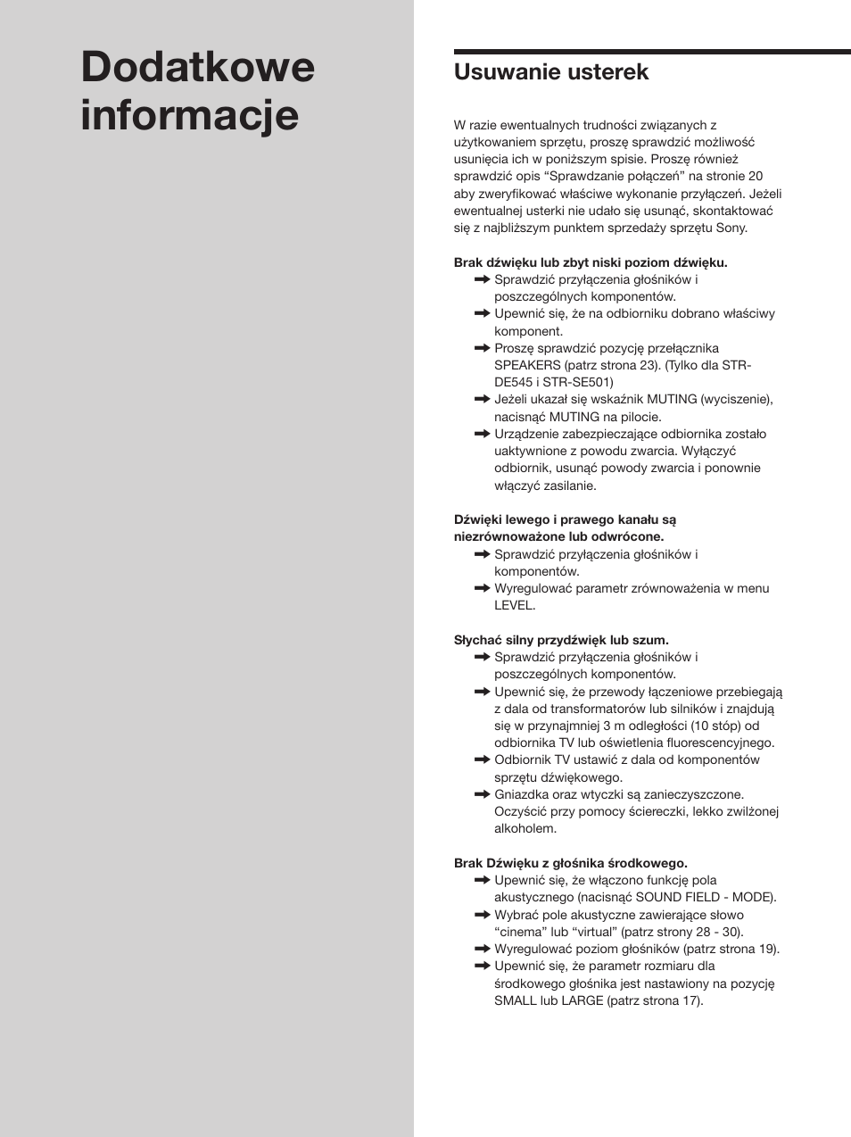 Dodatkowe informacje, Usuwanie usterek | Sony STR-SE501 User Manual | Page 160 / 170