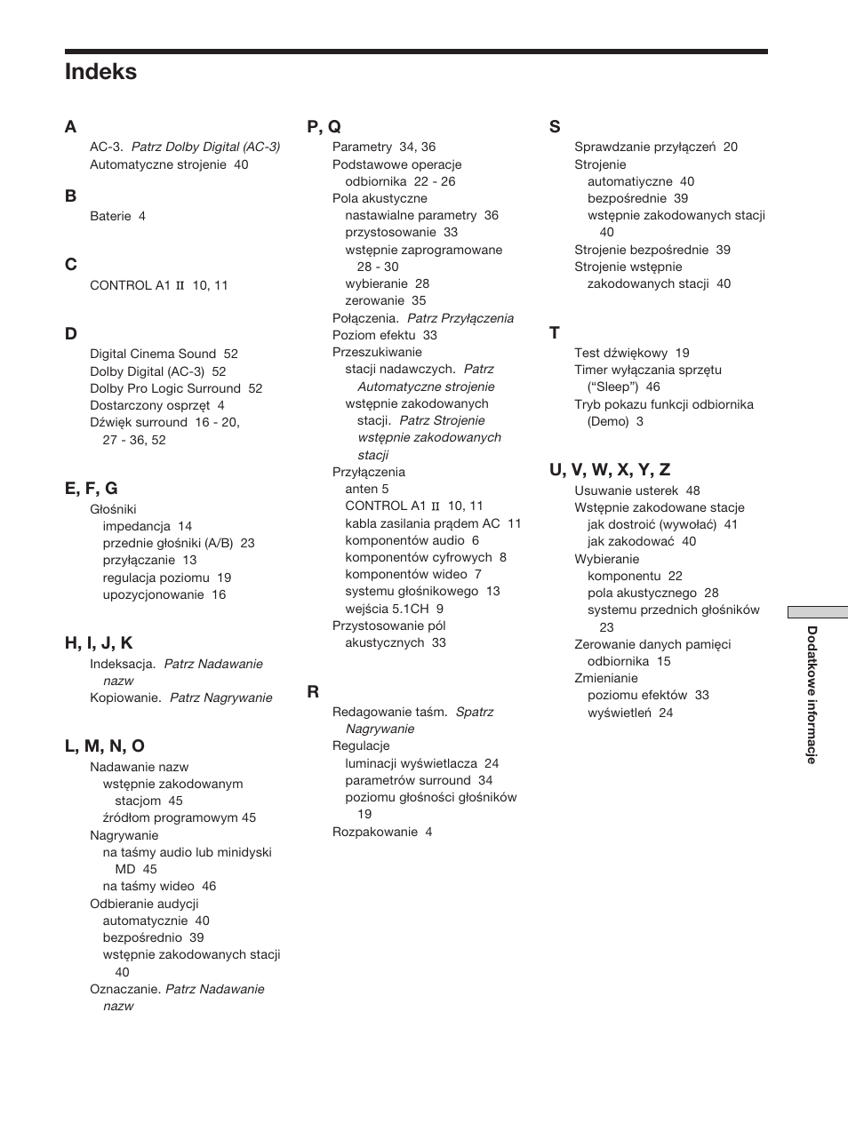 Indeks, E, f, g, H, i, j, k | L, m, n, o, P, q, U, v, w, x, y, z | Sony STR-SE501 User Manual | Page 169 / 170