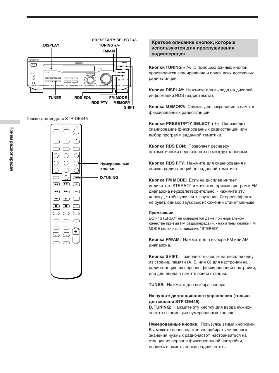 Прием радиопередач, Только для модели str-de445, Примечание | Нумерованные кнопки, D.tuning | Sony STR-SE501 User Manual | Page 94 / 170
