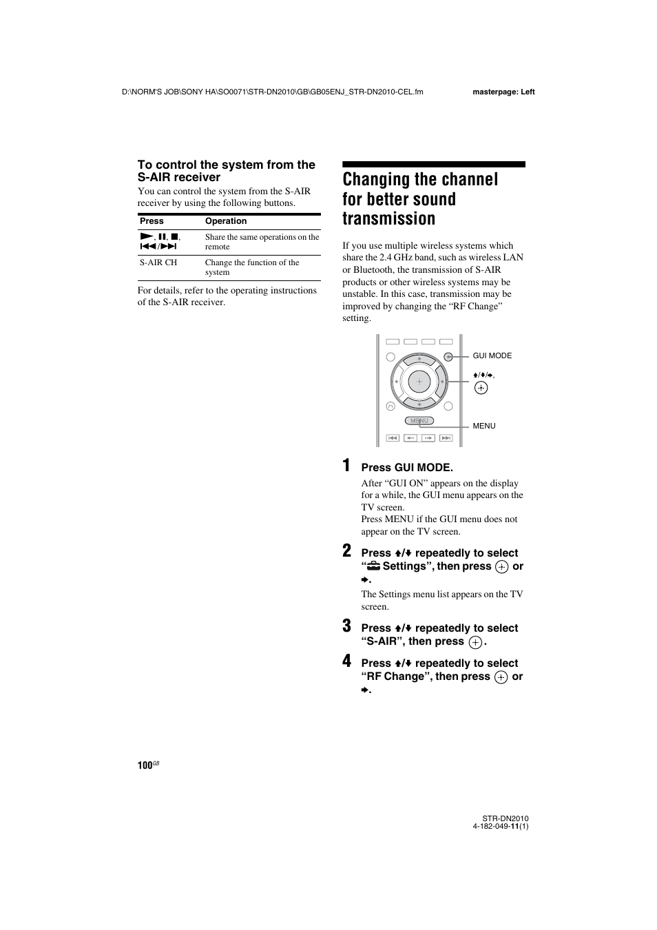 Changing the channel for better sound transmission, Changing the channel, For better sound transmission | Sony STR-DN2010 User Manual | Page 100 / 152