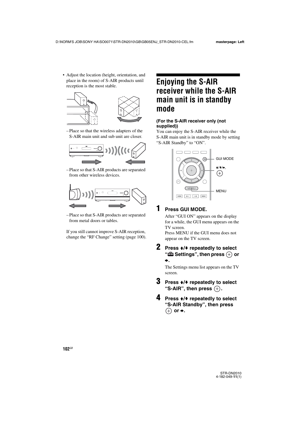 Enjoying the s-air receiver while the s-air, Main unit is in standby mode | Sony STR-DN2010 User Manual | Page 102 / 152