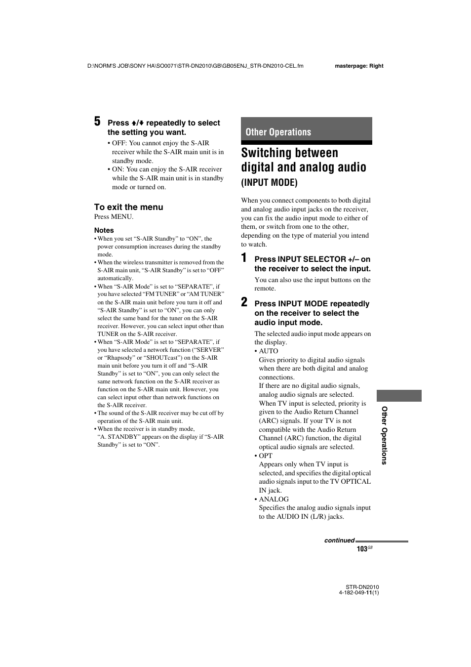 Other operations, Switching between digital and analog audio, Input mode) | Sony STR-DN2010 User Manual | Page 103 / 152