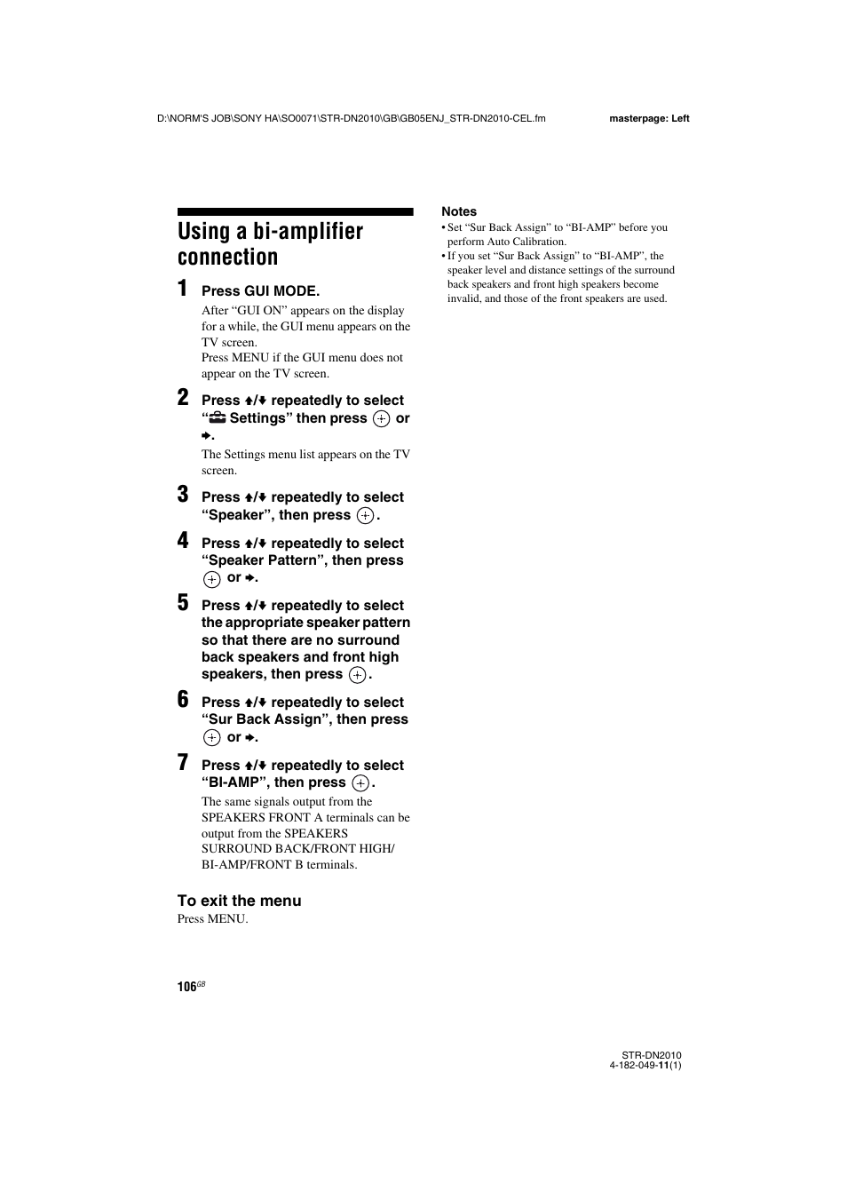 Using a bi-amplifier connection, Using a bi-amplifier connection 1 | Sony STR-DN2010 User Manual | Page 106 / 152