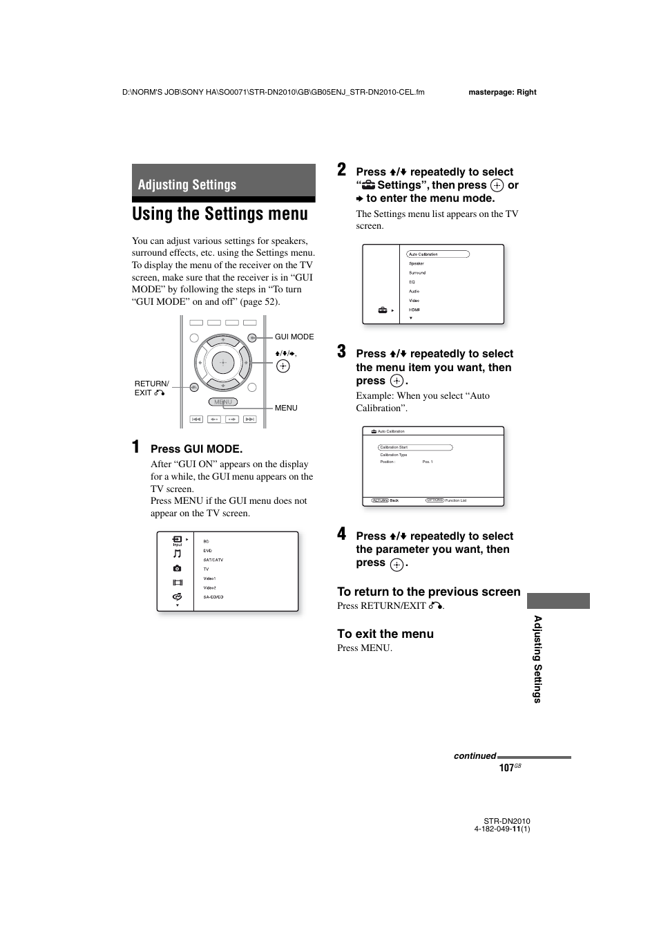 Adjusting settings, Using the settings menu | Sony STR-DN2010 User Manual | Page 107 / 152