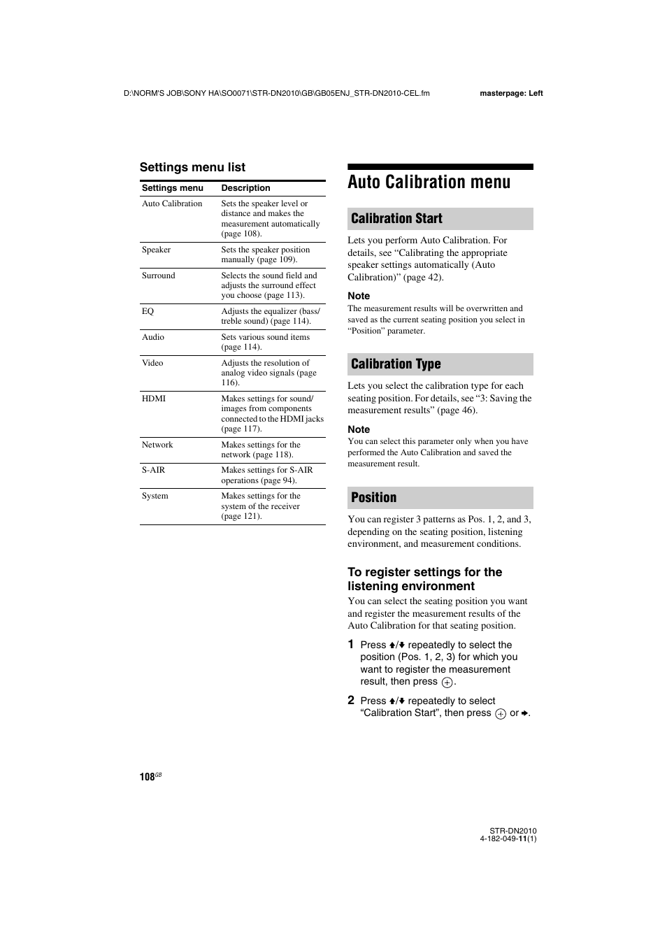 Auto calibration menu, Calibration start calibration type position, Settings menu list | Sony STR-DN2010 User Manual | Page 108 / 152