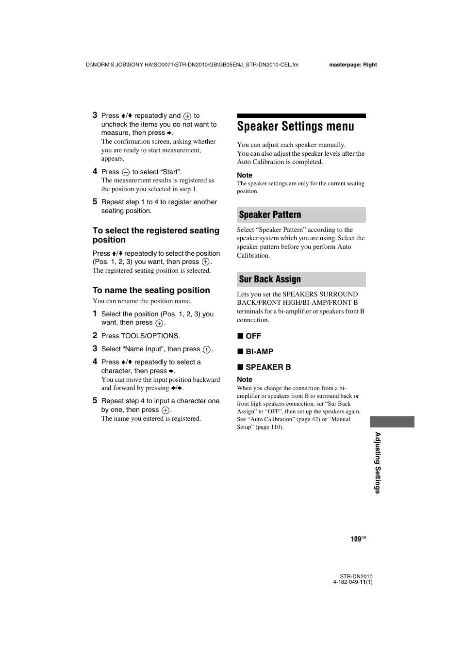 Speaker settings menu, Speaker pattern sur back assign | Sony STR-DN2010 User Manual | Page 109 / 152