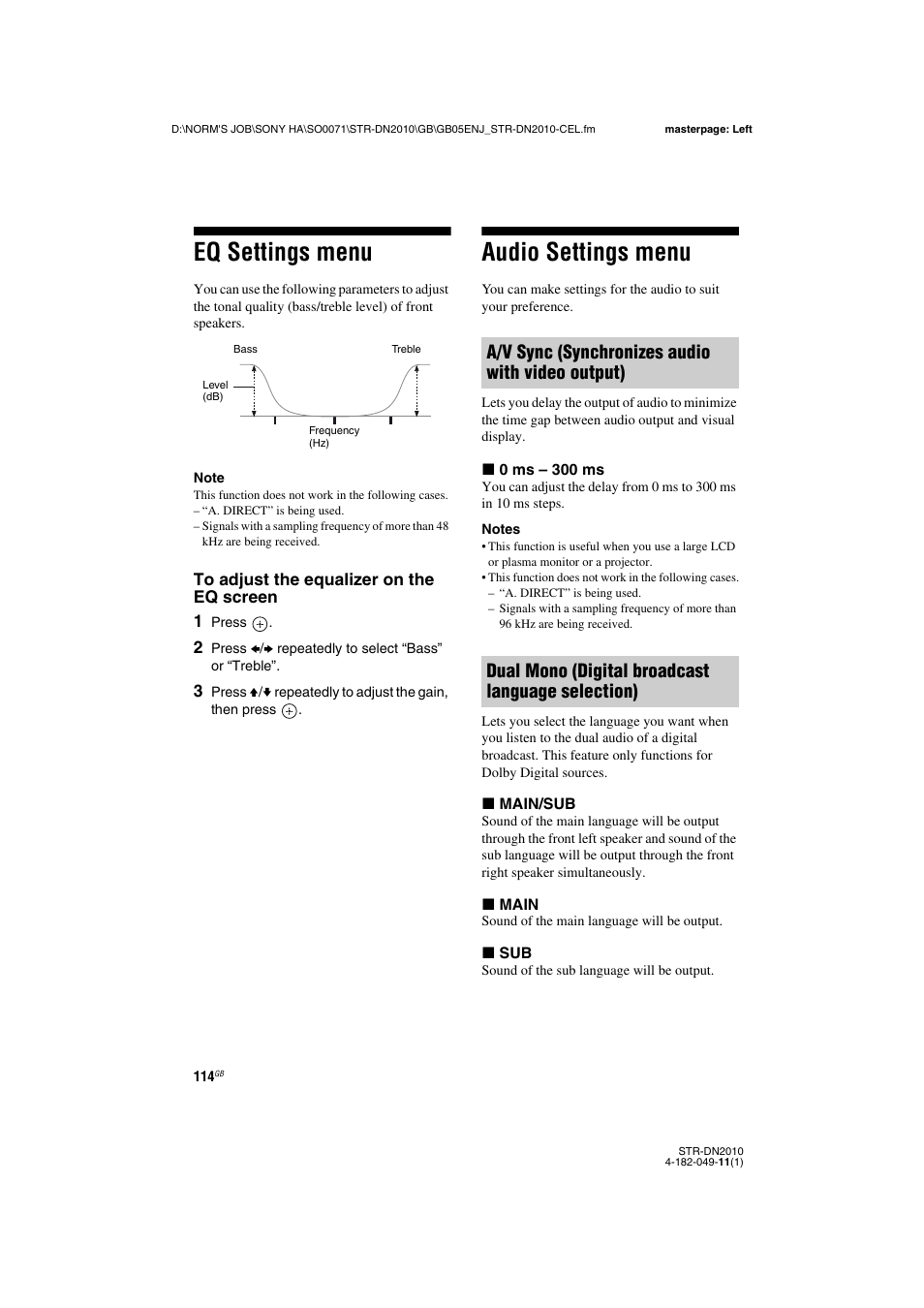 Eq settings menu, Audio settings menu, Eq settings menu audio settings menu | Sony STR-DN2010 User Manual | Page 114 / 152