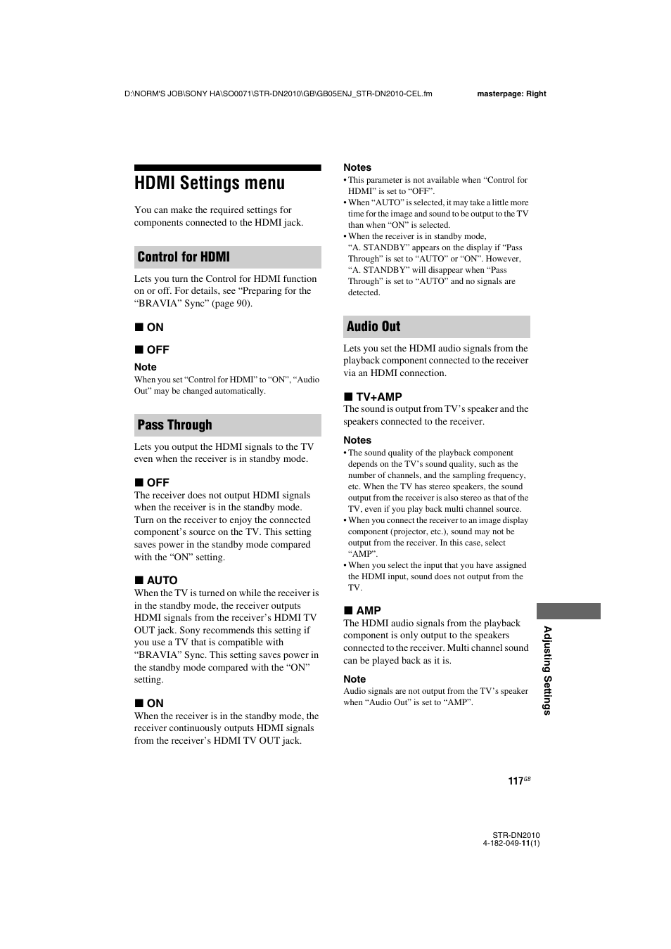 Hdmi settings menu, Control for hdmi pass through audio out | Sony STR-DN2010 User Manual | Page 117 / 152