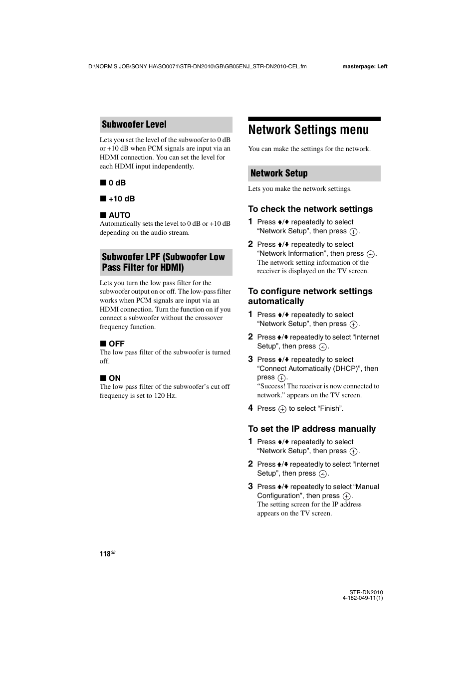 Network settings menu | Sony STR-DN2010 User Manual | Page 118 / 152
