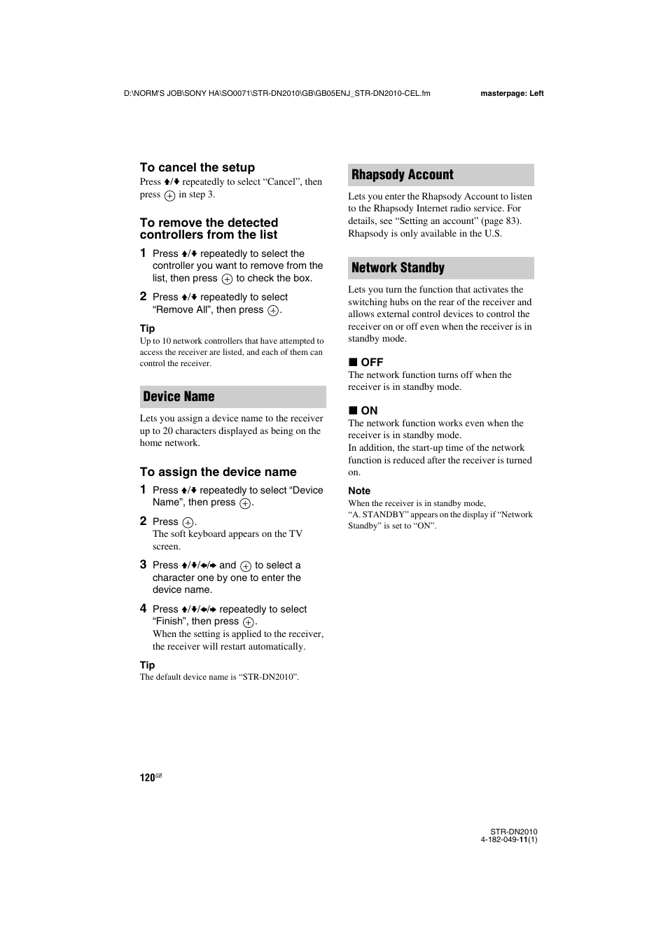 Device name rhapsody account network standby | Sony STR-DN2010 User Manual | Page 120 / 152